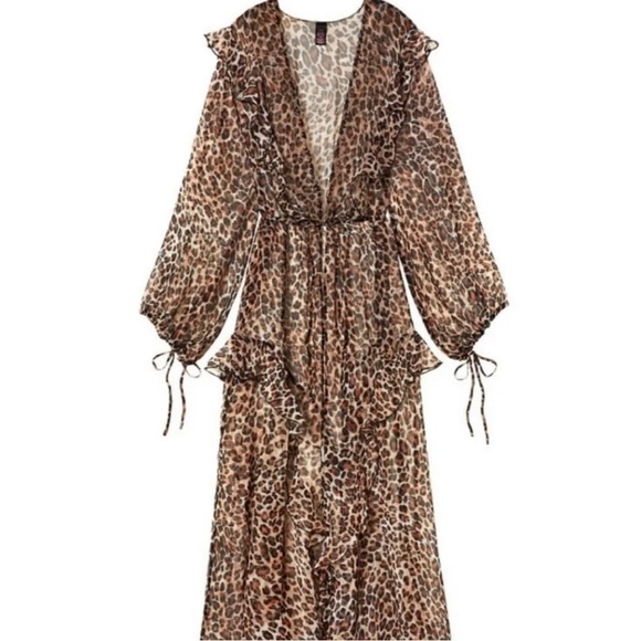 Victoria's Secret Sz XS S Long Leopard Print Sheer Ruffled Robe Jacket Cover-Up - Picture 2 of 16